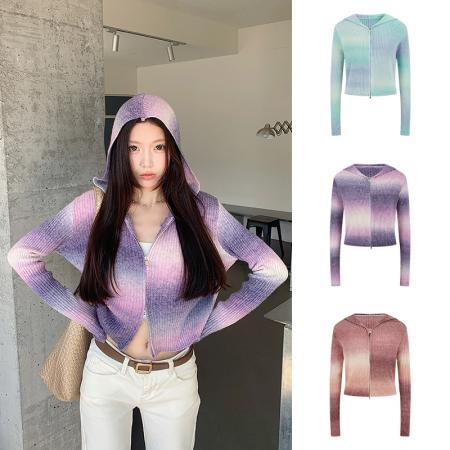FA43948# -慵懒风针织连帽拉链开衫女秋新款显瘦百搭毛衣外套短款上衣  服裝批發女裝批發服飾貨源