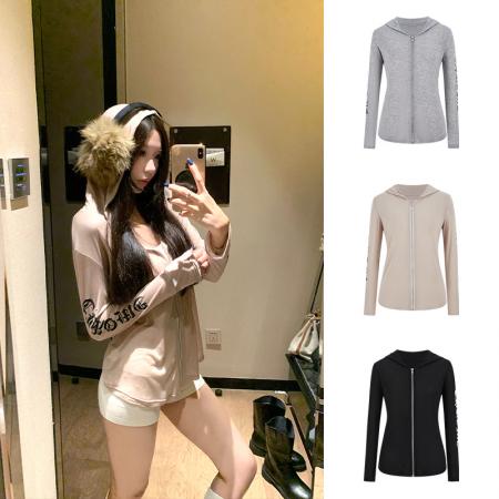 FA43949# --灰色连帽外套女早秋薄款设计感印花长袖上衣  服裝批發女裝批發服飾貨源