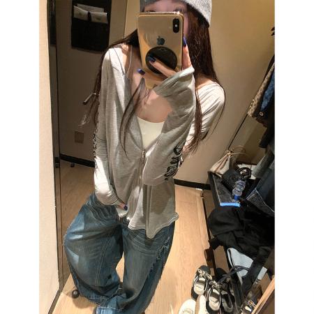 FA43949# --灰色连帽外套女早秋薄款设计感印花长袖上衣  服裝批發女裝批發服飾貨源