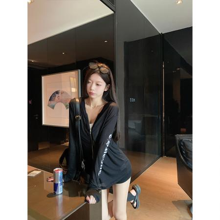 FA43949# --灰色连帽外套女早秋薄款设计感印花长袖上衣  服裝批發女裝批發服飾貨源