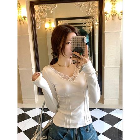 FA43953# 纯欲辣妹后背蕾丝V领长袖t恤女春打底衫独特别致上衣  服裝批發女裝批發服飾貨源