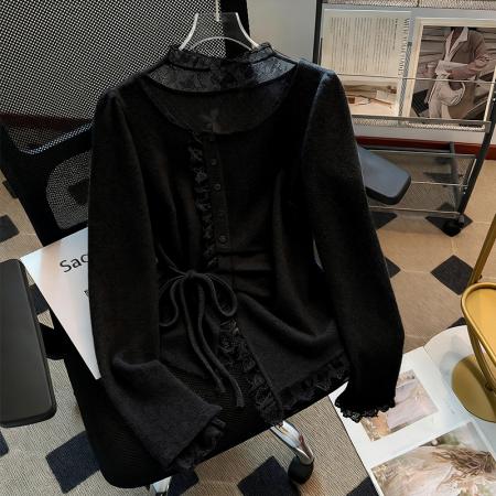 FA43954# 设计感小众蕾丝拼接针织开衫女秋季新款系带小个子上潮  服裝批發女裝批發服飾貨源