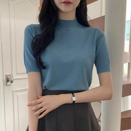 FA43966# 韩国东大门秋装新款气质百搭半高领短袖针织衫女纯色套头显瘦上衣  服裝批發女裝批發服飾貨源