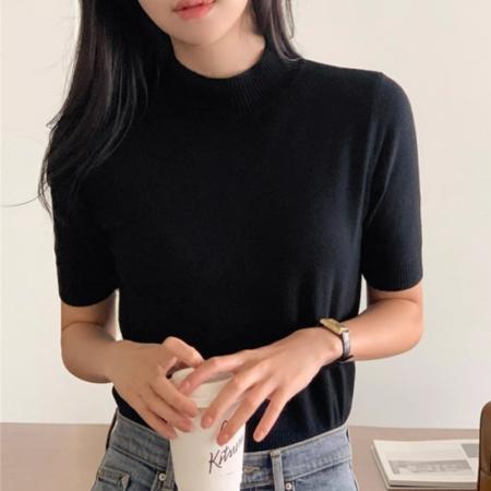 FA43966# 韩国东大门秋装新款气质百搭半高领短袖针织衫女纯色套头显瘦上衣  服裝批發女裝批發服飾貨源