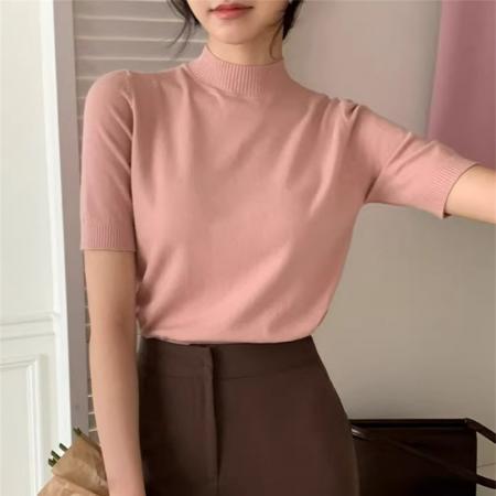 FA43966# 韩国东大门秋装新款气质百搭半高领短袖针织衫女纯色套头显瘦上衣  服裝批發女裝批發服飾貨源
