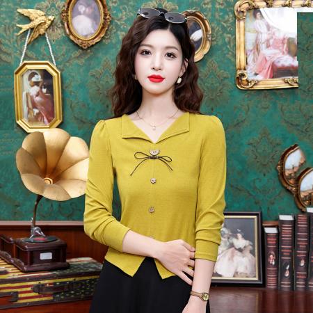 FA43969# 洋气长袖T恤女V领新款时尚宽松减龄遮肚显瘦百搭上衣  服裝批發女裝批發服飾貨源