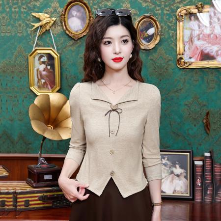 FA43969# 洋气长袖T恤女V领新款时尚宽松减龄遮肚显瘦百搭上衣  服裝批發女裝批發服飾貨源