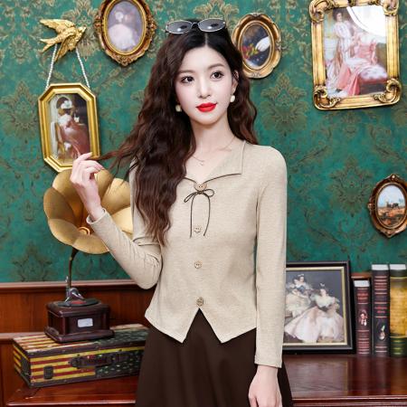 FA43969# 洋气长袖T恤女V领新款时尚宽松减龄遮肚显瘦百搭上衣  服裝批發女裝批發服飾貨源