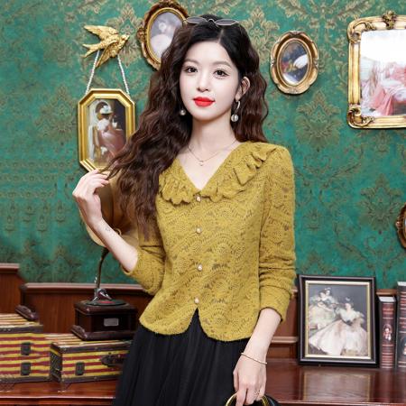FA43970# 时尚洋气蕾丝衫女秋季新款百搭磨毛打底衫修身显瘦上衣  服裝批發女裝批發服飾貨源