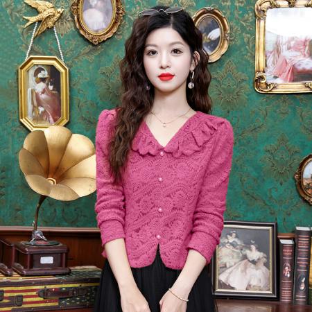 FA43970# 时尚洋气蕾丝衫女秋季新款百搭磨毛打底衫修身显瘦上衣  服裝批發女裝批發服飾貨源