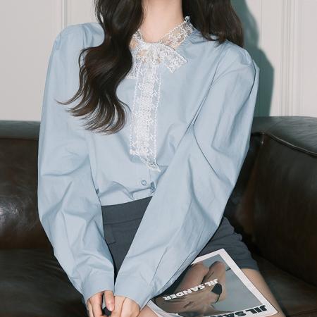 FA43972# 秋冬装新款气质浅蓝色V领长袖衬衫女独特蕾丝蝴蝶结法式上衣  服裝批發女裝批發服飾貨源