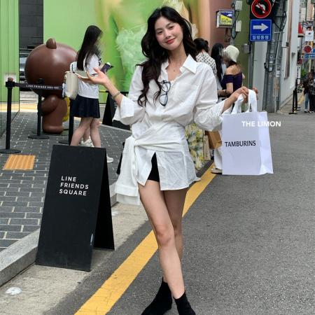 FA43978# 新款时尚百搭女法式气质单排扣交叉绑带设计感衬衫女秋季新款  服裝批發女裝批發服飾貨源