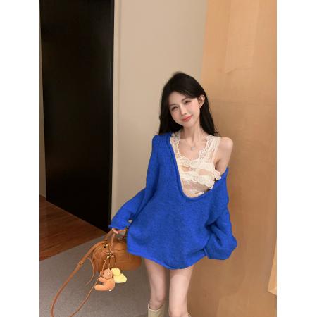 FA43985# 慵懒风长袖前后穿蕾丝拼接宽松毛衣气质别致针织上衣  服裝批發女裝批發服飾貨源