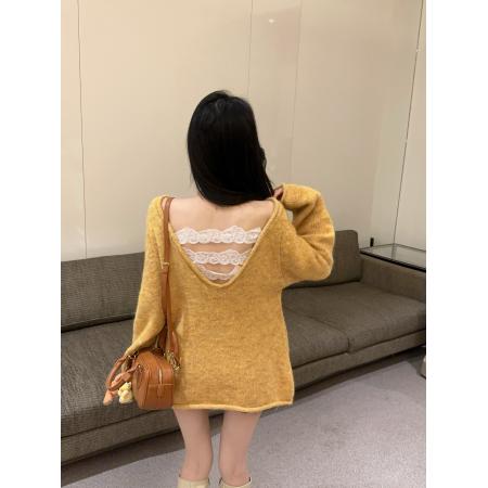 FA43985# 慵懒风长袖前后穿蕾丝拼接宽松毛衣气质别致针织上衣  服裝批發女裝批發服飾貨源
