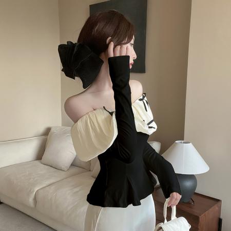 FA43992# 法式优雅淑女气质甜美一字领设计感修身T恤长袖打底上衣  服裝批發女裝批發服飾貨源