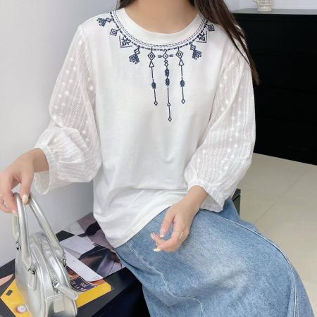 FA43995# 秋季新款民族风上衣女小个子宽松圆领长袖减龄时尚复古刺绣t恤潮  服裝批發女裝批發服飾貨源