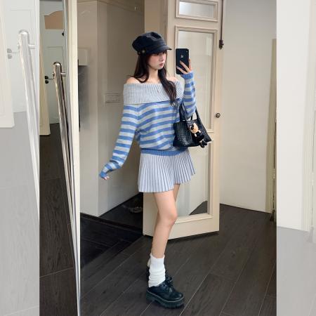 FA44008# 韩系气质撞色条纹一字肩针织衫秋季宽松百搭打底毛衣  服裝批發女裝批發服飾貨源