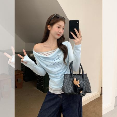 FA44009# 韩系假两件字母荡领长袖t恤女早秋收腰显瘦修身休闲上衣  服裝批發女裝批發服飾貨源