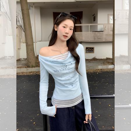 FA44009# 韩系假两件字母荡领长袖t恤女早秋收腰显瘦修身休闲上衣  服裝批發女裝批發服飾貨源