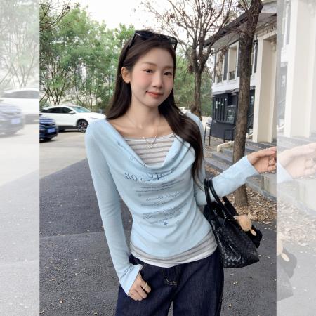 FA44009# 韩系假两件字母荡领长袖t恤女早秋收腰显瘦修身休闲上衣  服裝批發女裝批發服飾貨源