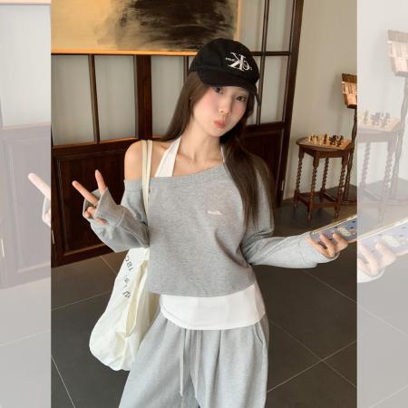 FA44011# 斜领露肩长袖卫衣女挂脖吊带秋季宽松显瘦两件套上衣  服裝批發女裝批發服飾貨源