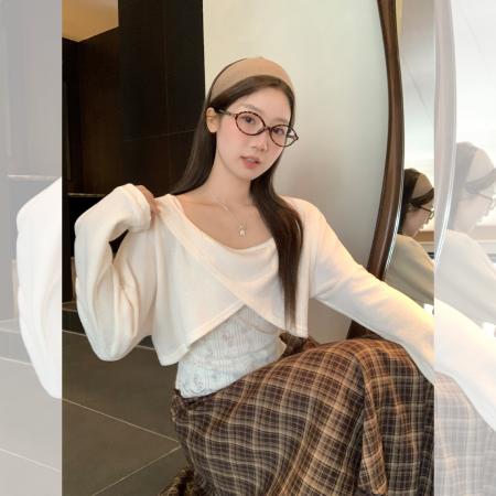 FA44013# 慵懒宽松绝美针织白色短款上衣女秋季别致蕾丝长袖两件套  服裝批發女裝批發服飾貨源