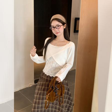 FA44013# 慵懒宽松绝美针织白色短款上衣女秋季别致蕾丝长袖两件套  服裝批發女裝批發服飾貨源