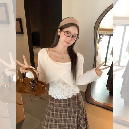 FA44013# 慵懒宽松绝美针织白色短款上衣女秋季别致蕾丝长袖两件套  服裝批發女裝批發服飾貨源