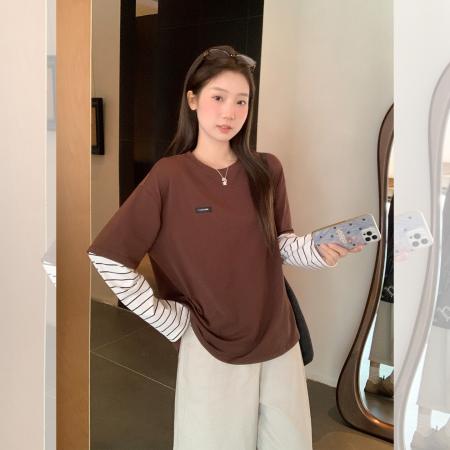 FA44014# 圆领撞色条纹拼接假两件长袖T恤秋季打底衫设计感上衣女  服裝批發女裝批發服飾貨源