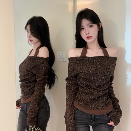 FA44016# 美式复古辣妹豹纹假两件长袖秋冬百搭显瘦上衣  服裝批發女裝批發服飾貨源