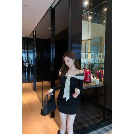 FA44017# 辣妹设计感条纹蕾丝性感连衣裙秋季假两件显瘦  服裝批發女裝批發服飾貨源