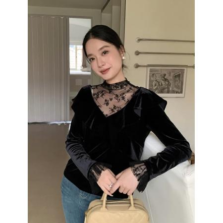 FA44022# 法式别致温柔风荷叶边设计感蕾丝拼接丝绒显瘦气质小衫上衣  服裝批發女裝批發服飾貨源