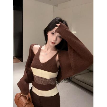 FA44030# 加厚设计感毛衣披肩条纹针织吊带背心针织上衣两件套装  服裝批發女裝批發服飾貨源