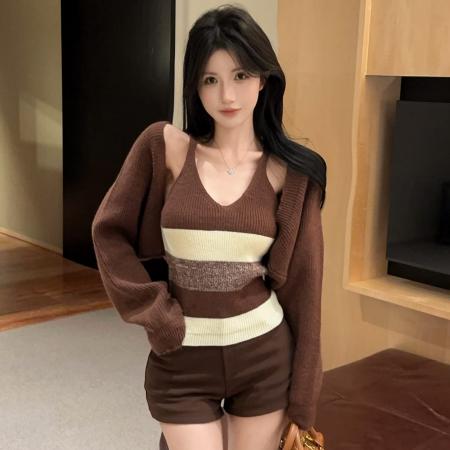 FA44030# 加厚设计感毛衣披肩条纹针织吊带背心针织上衣两件套装  服裝批發女裝批發服飾貨源