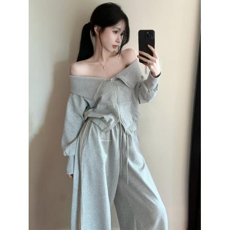 FA44031# 秋季新款辣妹显瘦露肩卫衣卫裤宽松运动两件套装ins洋气  服裝批發女裝批發服飾貨源