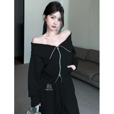 FA44031# 秋季新款辣妹显瘦露肩卫衣卫裤宽松运动两件套装ins洋气  服裝批發女裝批發服飾貨源