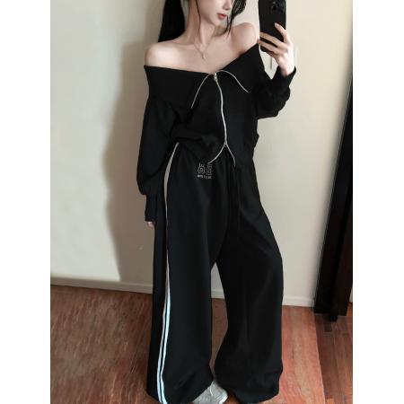FA44031# 秋季新款辣妹显瘦露肩卫衣卫裤宽松运动两件套装ins洋气  服裝批發女裝批發服飾貨源