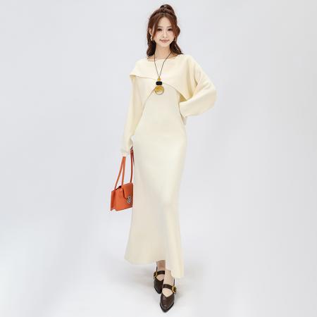 FA44036# 气质优雅安迪绒披肩长袖V领吊带连衣裙女秋冬两件套  服裝批發女裝批發服飾貨源