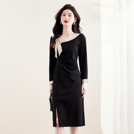 FA44040# 时尚拼接蝴蝶结设计感连衣裙女新款气质显瘦中长款开叉裙子  服裝批發女裝批發服飾貨源