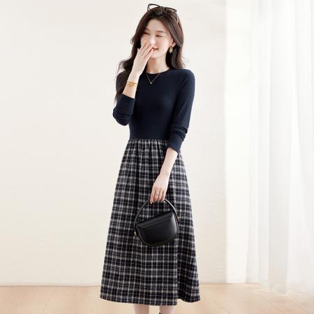 FA44041# 复古长袖针织拼接磨毛格纹内搭假两件连衣裙女秋冬新款裙  服裝批發女裝批發服飾貨源