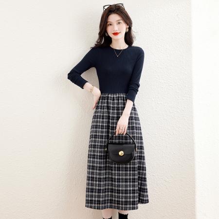 FA44041# 复古长袖针织拼接磨毛格纹内搭假两件连衣裙女秋冬新款裙  服裝批發女裝批發服飾貨源