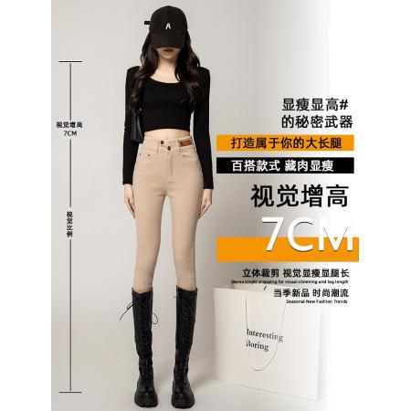 FA44043# 卡其色小脚牛仔裤女秋冬季新款高腰显瘦修身弹力紧身加绒裤子  服裝批發女裝批發服飾貨源