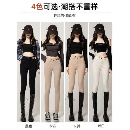 FA44043# 卡其色小脚牛仔裤女秋冬季新款高腰显瘦修身弹力紧身加绒裤子  服裝批發女裝批發服飾貨源