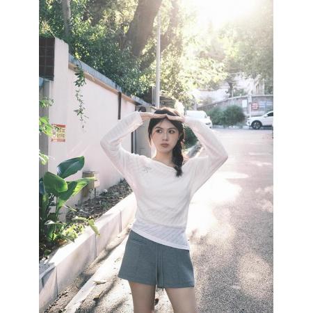 FA44045# 纯欲斜肩针织长袖T恤女早秋宽松罩衫不规则露肩上衣  服裝批發女裝批發服飾貨源