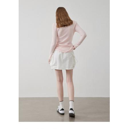 FA44046# 温柔粉色U领花纹长袖t恤修身甜辣上衣  服裝批發女裝批發服飾貨源