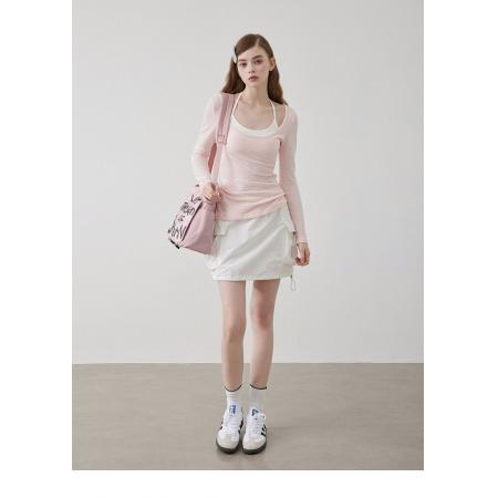 FA44046# 温柔粉色U领花纹长袖t恤修身甜辣上衣  服裝批發女裝批發服飾貨源