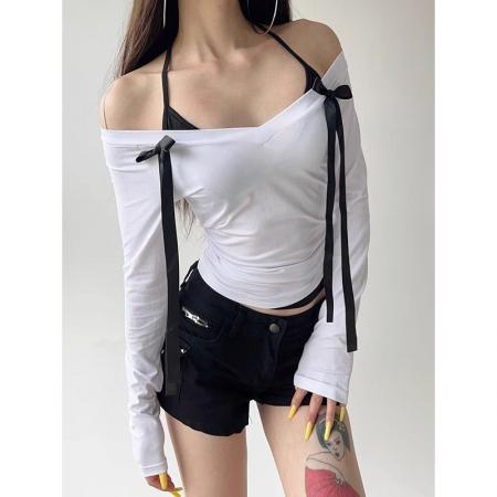 FA44048# 蝴蝶结挂脖假两件拼接V领长袖T恤打底衫上衣  服裝批發女裝批發服飾貨源