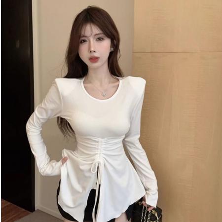 FA44051# 垫肩打底衫女秋冬长袖t恤黑色显瘦设计感小众收腰抽绳上衣设计感  服裝批發女裝批發服飾貨源