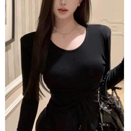 FA44051# 垫肩打底衫女秋冬长袖t恤黑色显瘦设计感小众收腰抽绳上衣设计感  服裝批發女裝批發服飾貨源