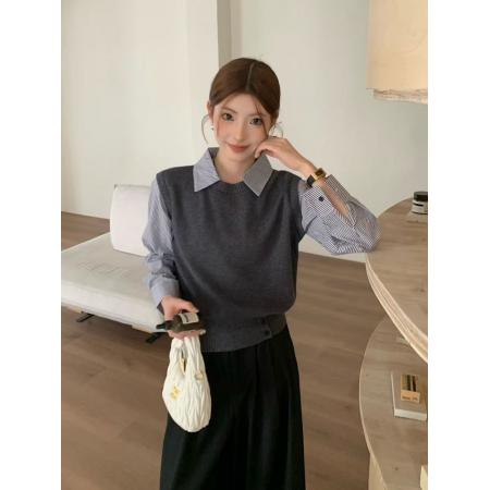 FA44052# 早秋新款韩版设计感条纹衬衫翻领假两件上衣女休闲显瘦针织衫  服裝批發女裝批發服飾貨源